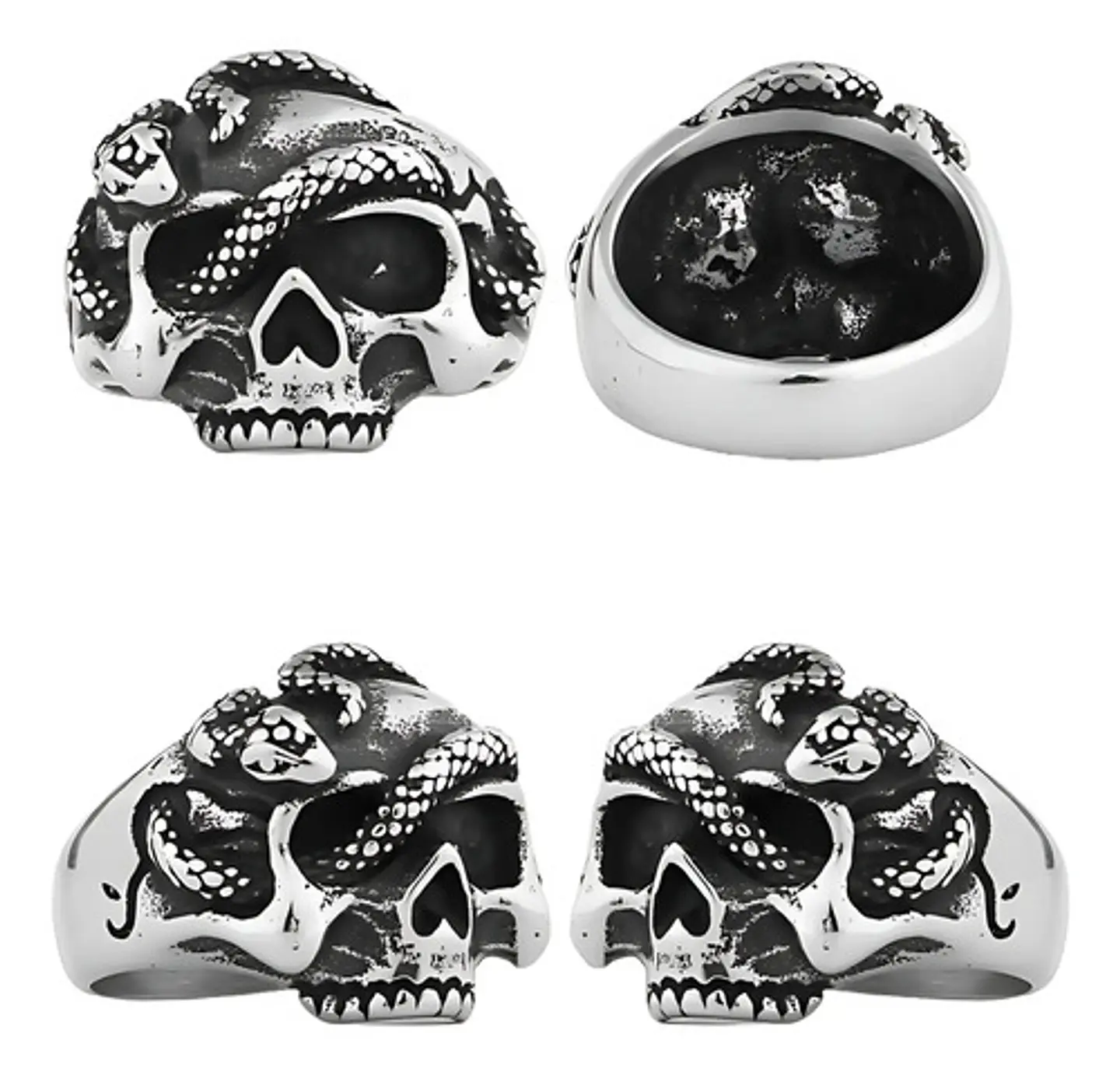 Anillo Serpiente Cráneo Calavera Acero Color Plata Hombre 2