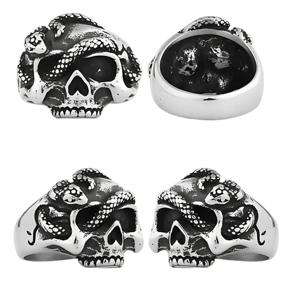 Anillo Serpiente Cráneo Calavera Acero Color Plata Hombre 2