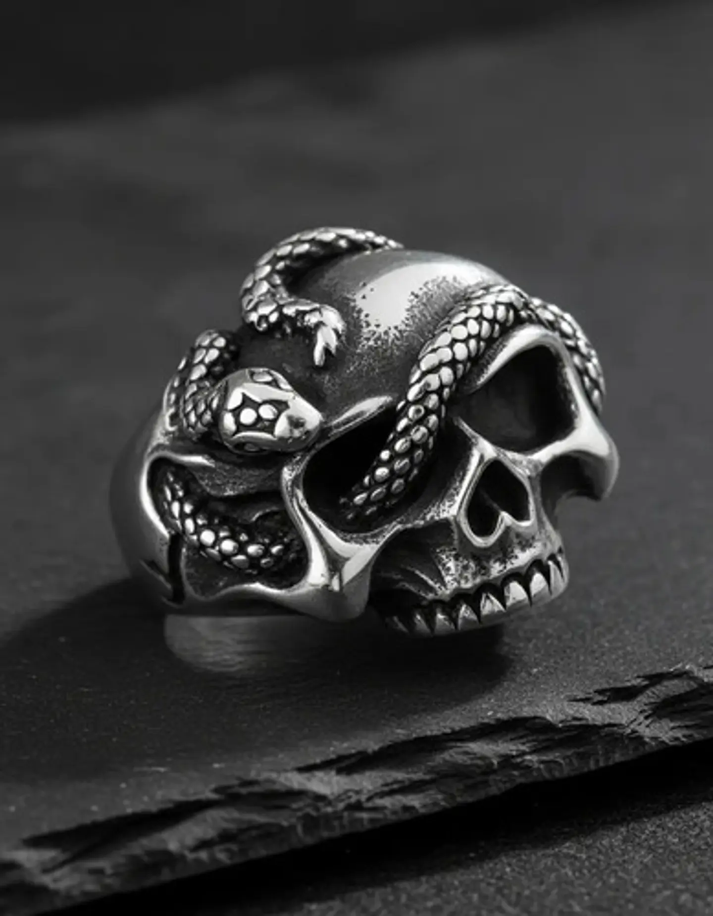 Anillo Serpiente Cráneo Calavera Acero Color Plata Hombre 3