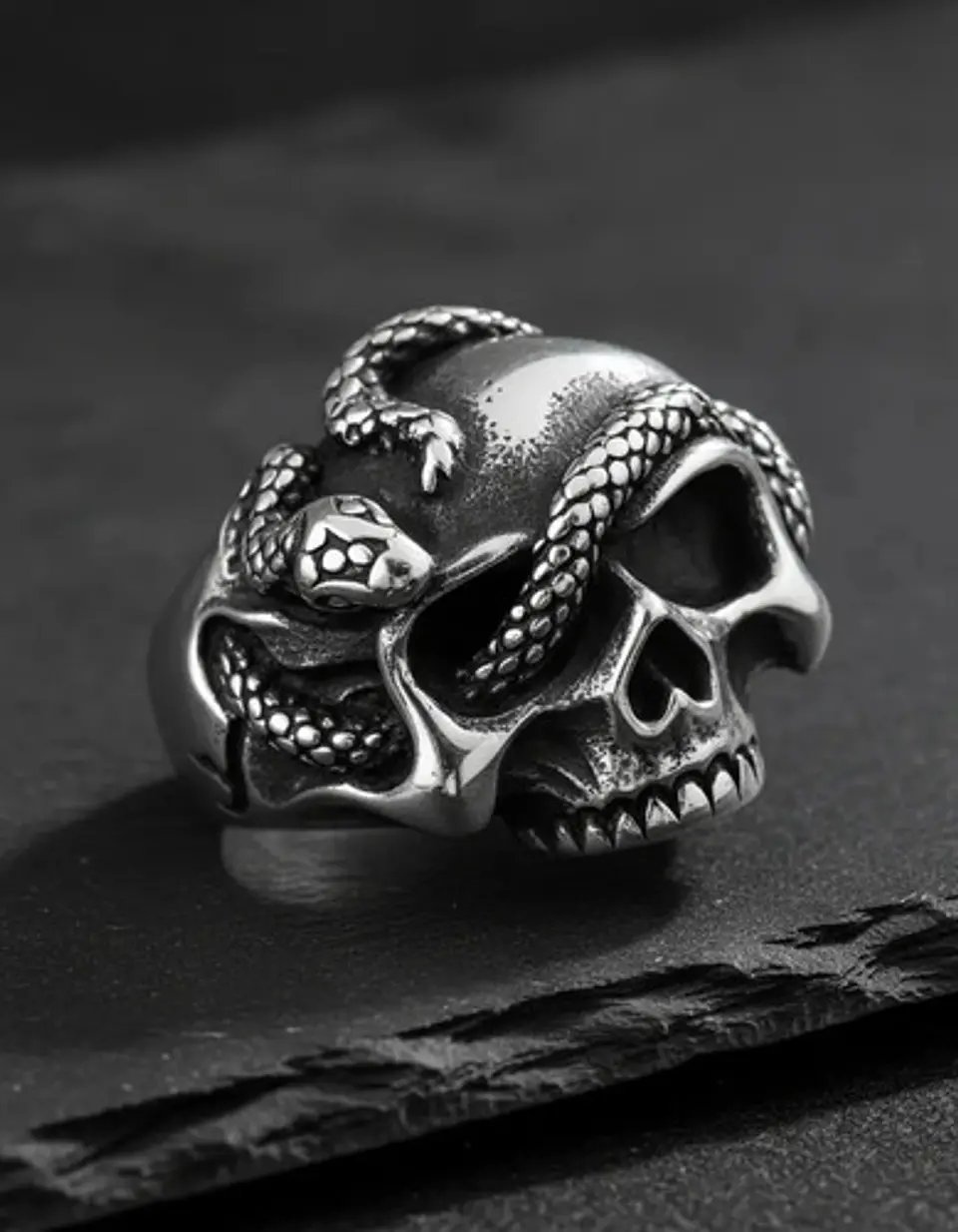 Anillo Serpiente Cráneo Calavera Acero Color Plata Hombre 3
