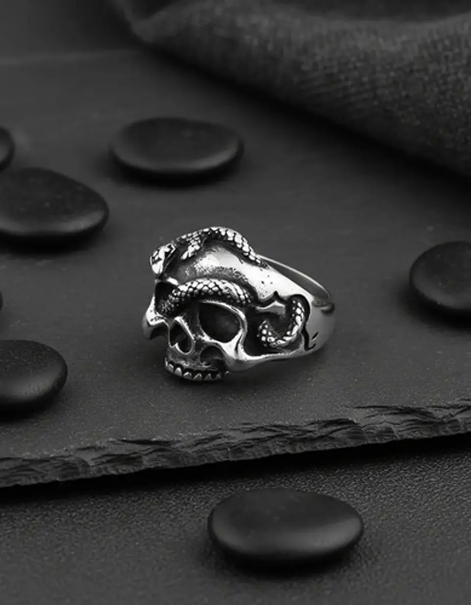 Anillo Serpiente Cráneo Calavera Acero Color Plata Hombre 4