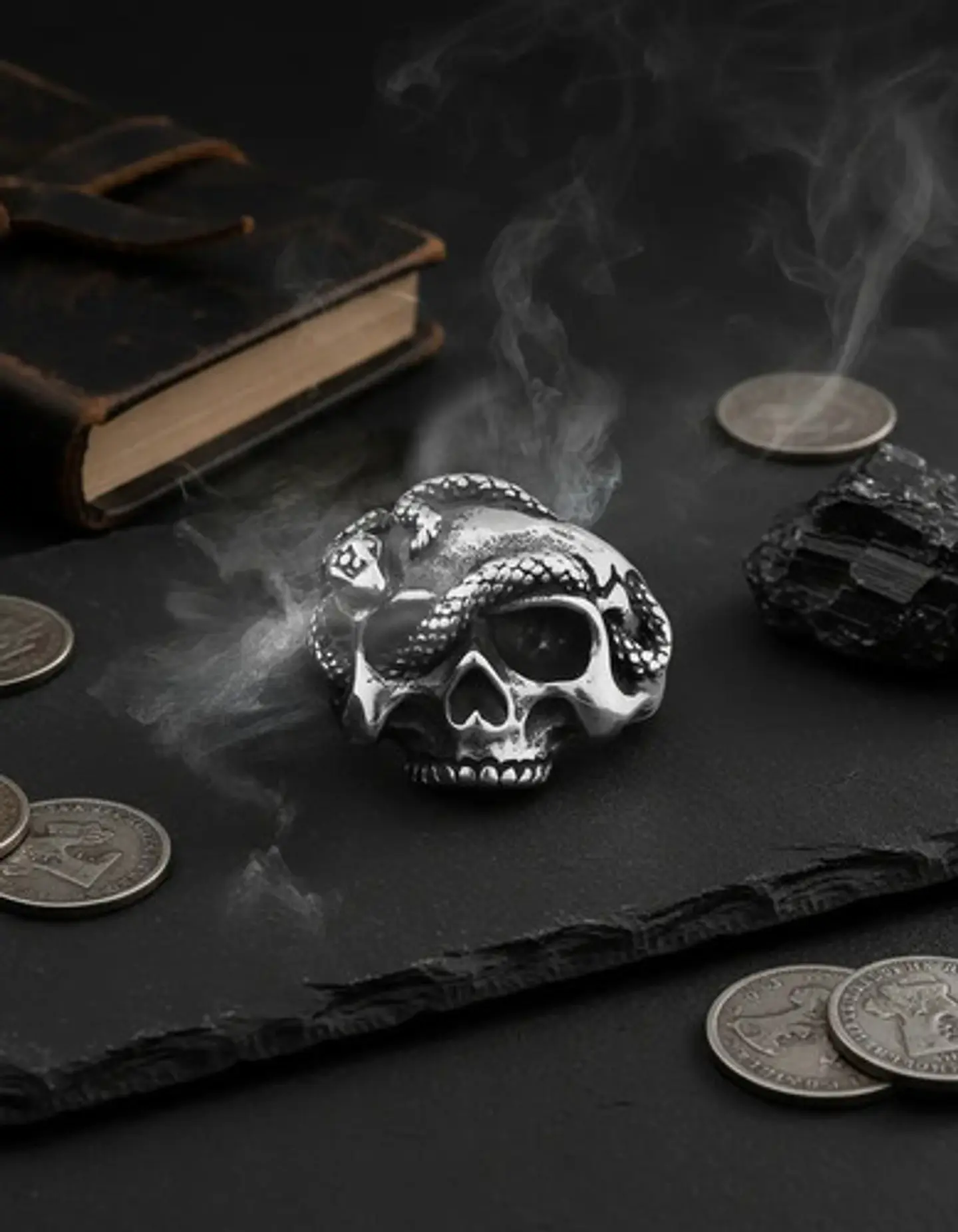 Anillo Serpiente Cráneo Calavera Acero Color Plata Hombre 5