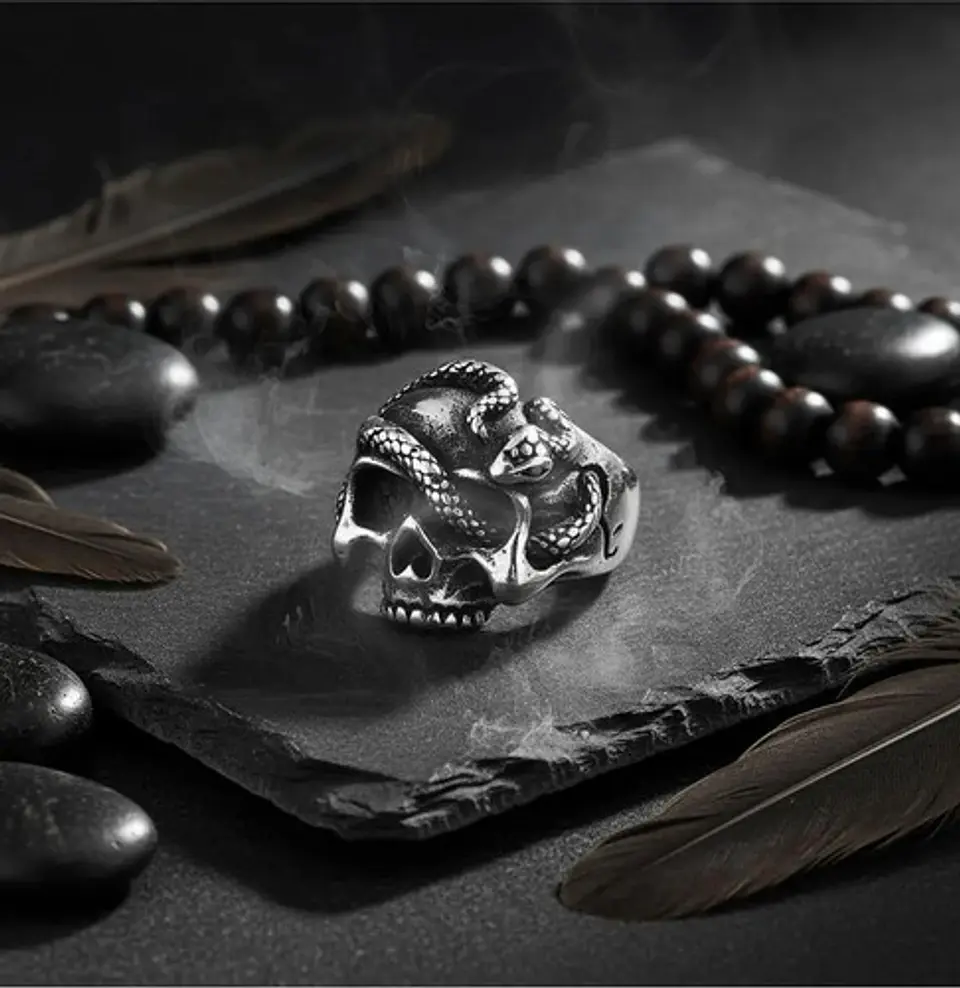 Anillo Serpiente Cráneo Calavera Acero Color Plata Hombre 6