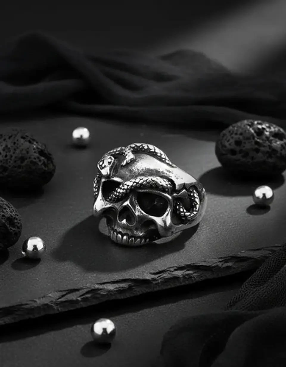 Anillo Serpiente Cráneo Calavera Acero Color Plata Hombre 7