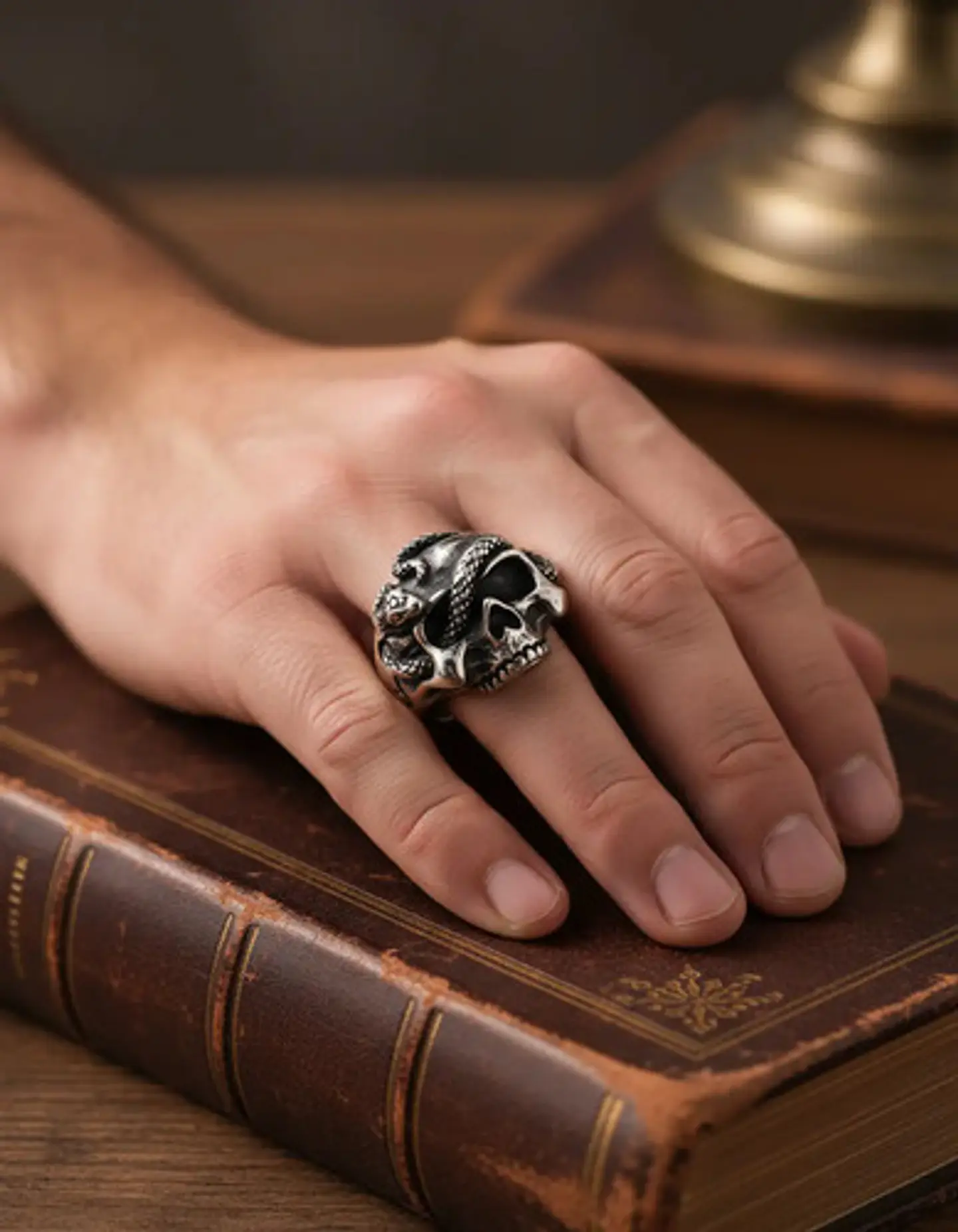 Anillo Serpiente Cráneo Calavera Acero Color Plata Hombre 9