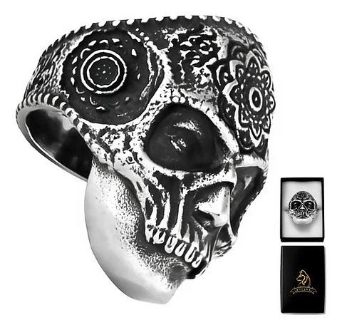 Anillo Flor Mandala Cráneo Calavera Acero Color Plata Hombre