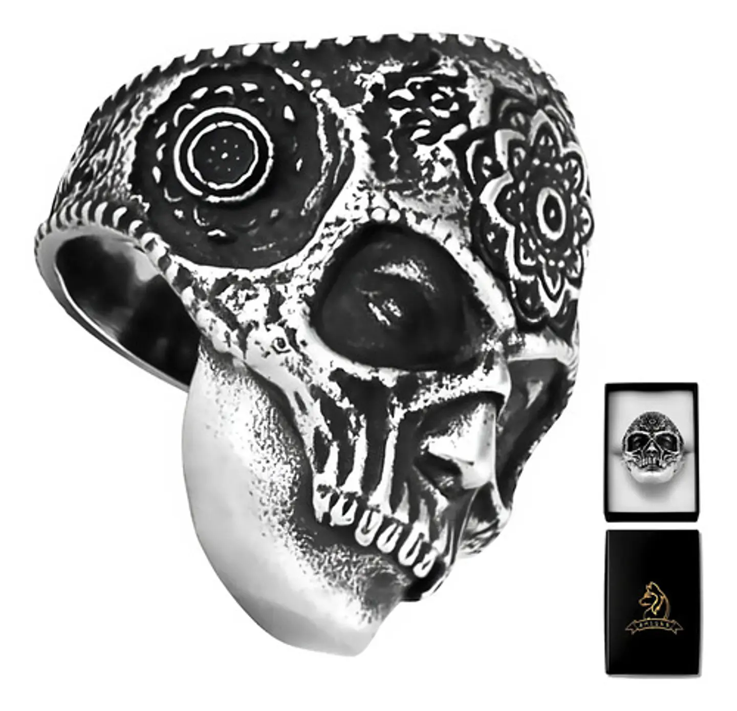 Anillo Flor Mandala Cráneo Calavera Acero Color Plata Hombre 1