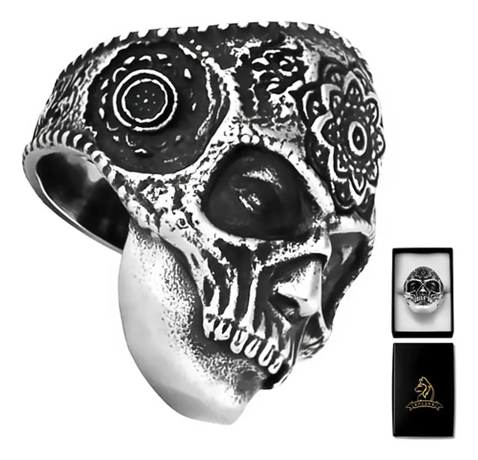 Anillo Flor Mandala Cráneo Calavera Acero Color Plata Hombre 1