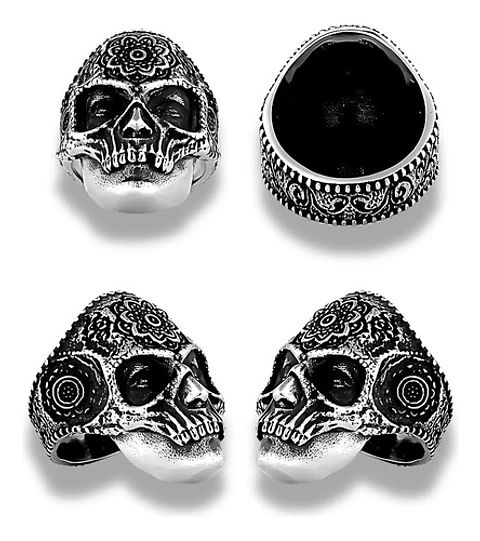 Anillo Flor Mandala Cráneo Calavera Acero Color Plata Hombre
