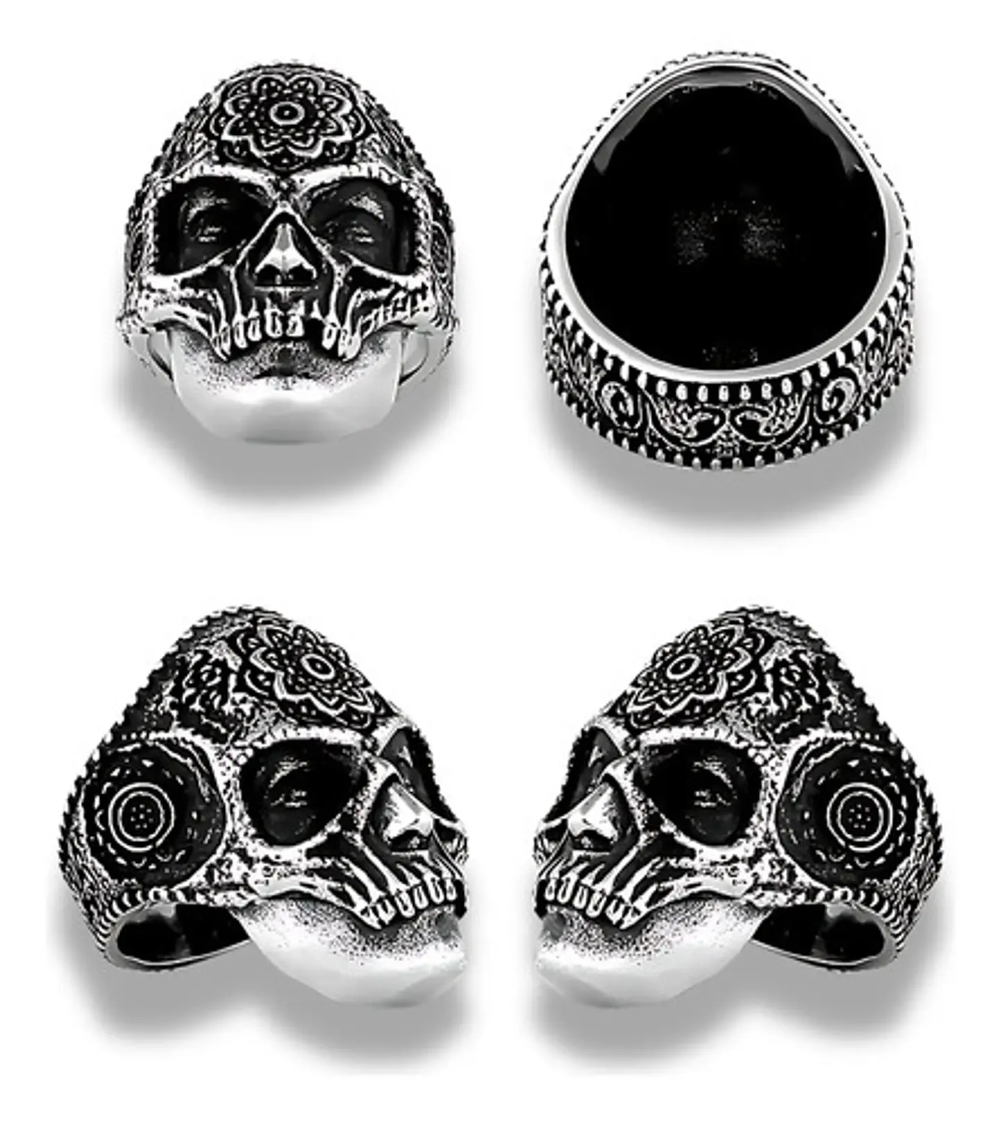 Anillo Flor Mandala Cráneo Calavera Acero Color Plata Hombre 2