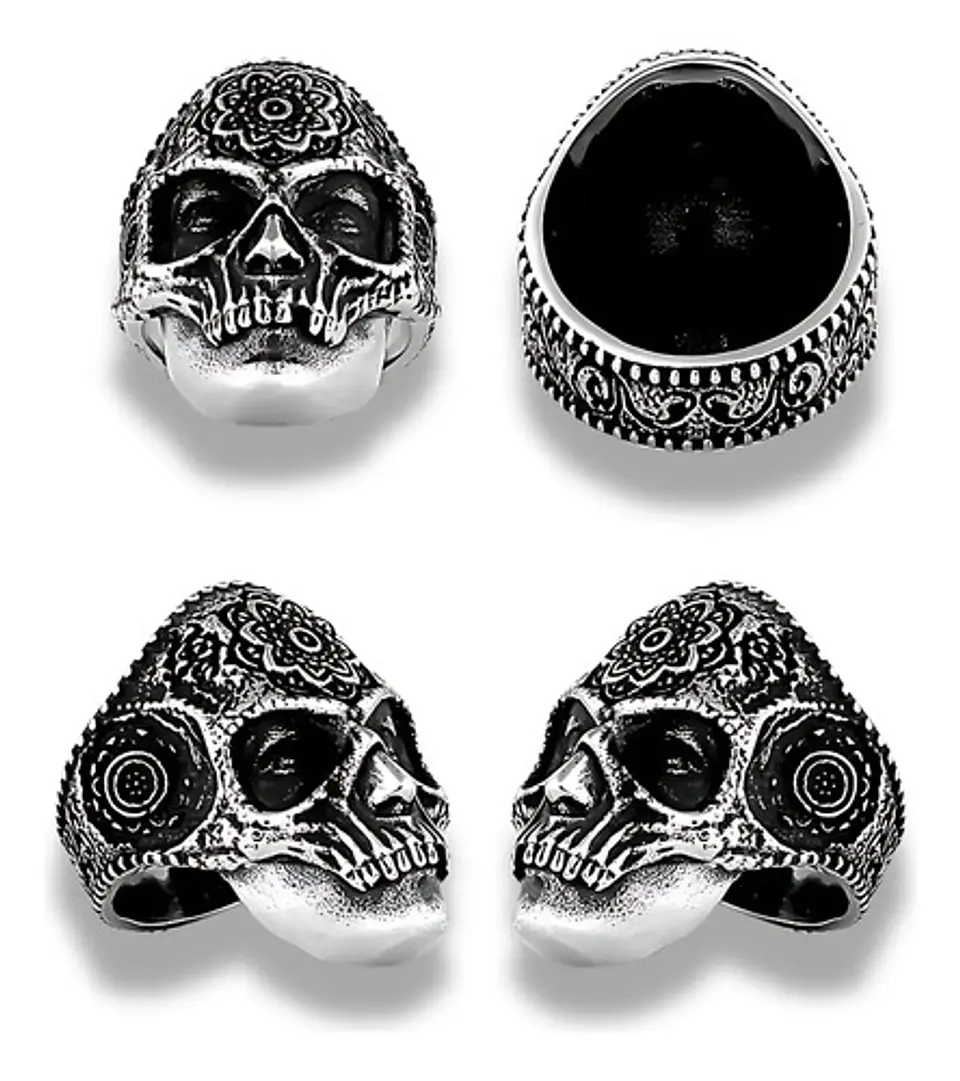 Anillo Flor Mandala Cráneo Calavera Acero Color Plata Hombre 2