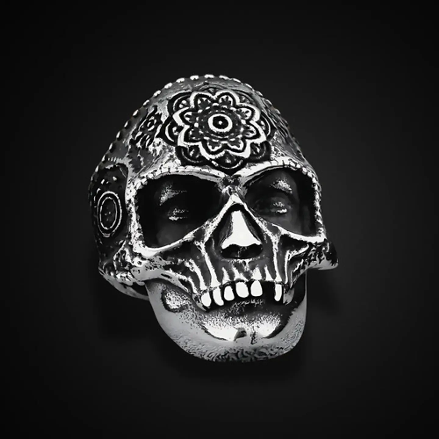 Anillo Flor Mandala Cráneo Calavera Acero Color Plata Hombre 4