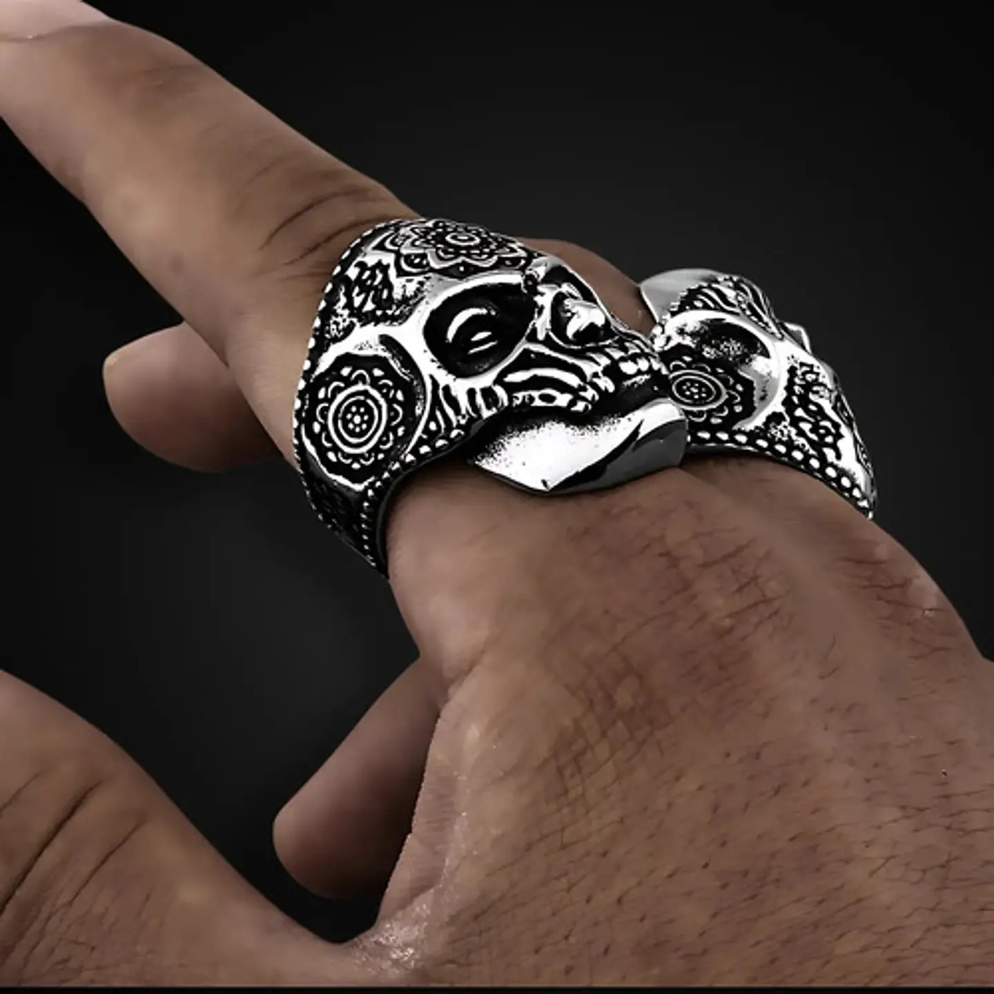 Anillo Flor Mandala Cráneo Calavera Acero Color Plata Hombre 8