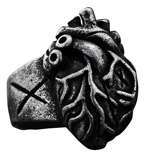 Anillo Forma Corazón Rustico Acero Color Plata Oscuro Hombre