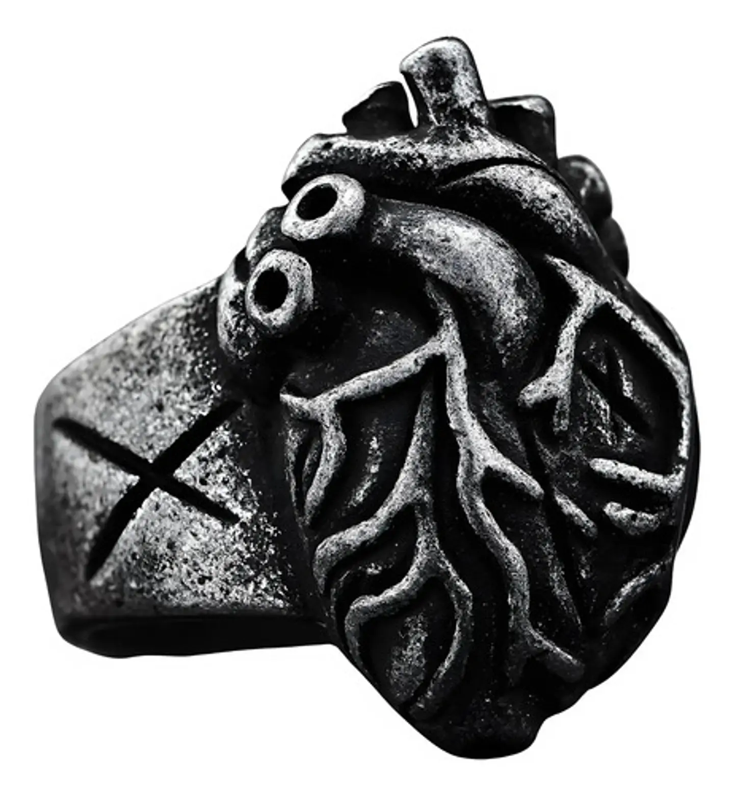 Anillo Forma Corazón Rustico Acero Color Plata Oscuro Hombre 1