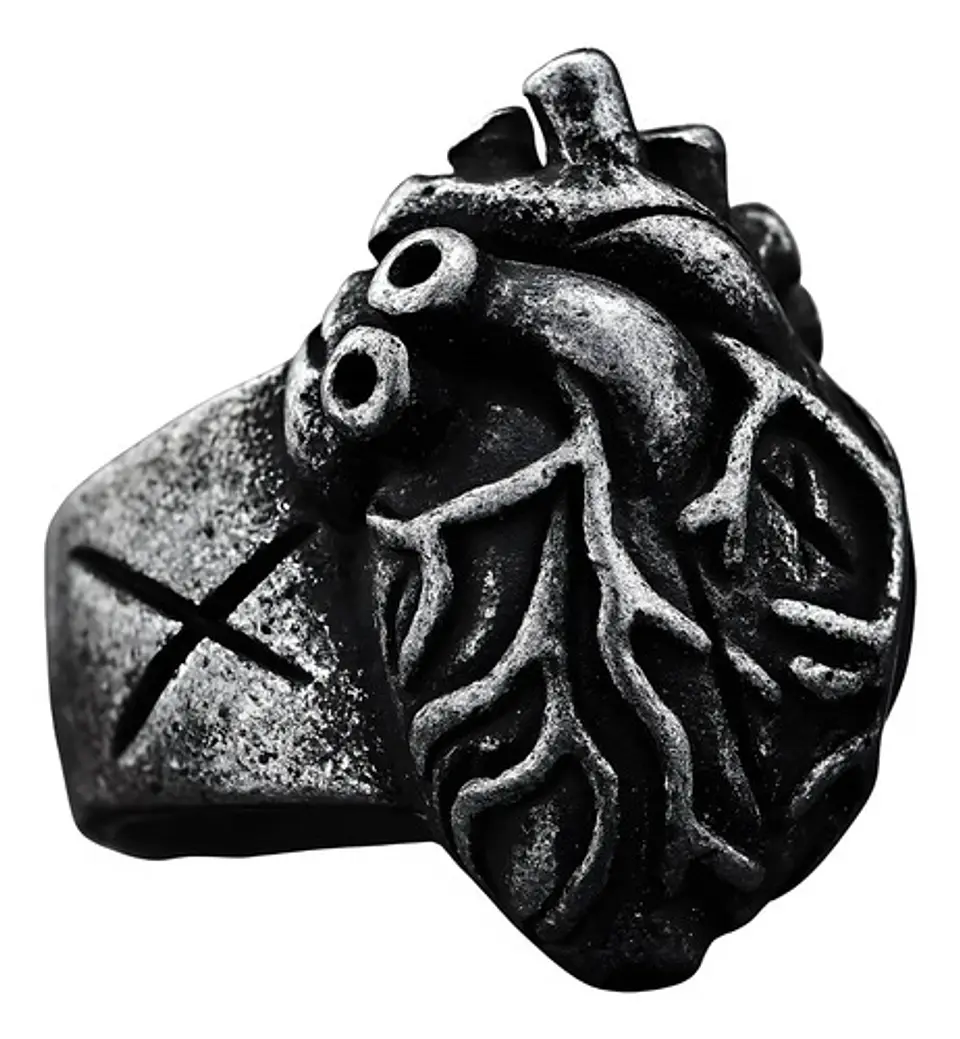 Anillo Forma Corazón Rustico Acero Color Plata Oscuro Hombre 1
