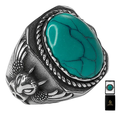 Anillo Acero Piedra Buho Craneo Rustico Color Plata Hombre