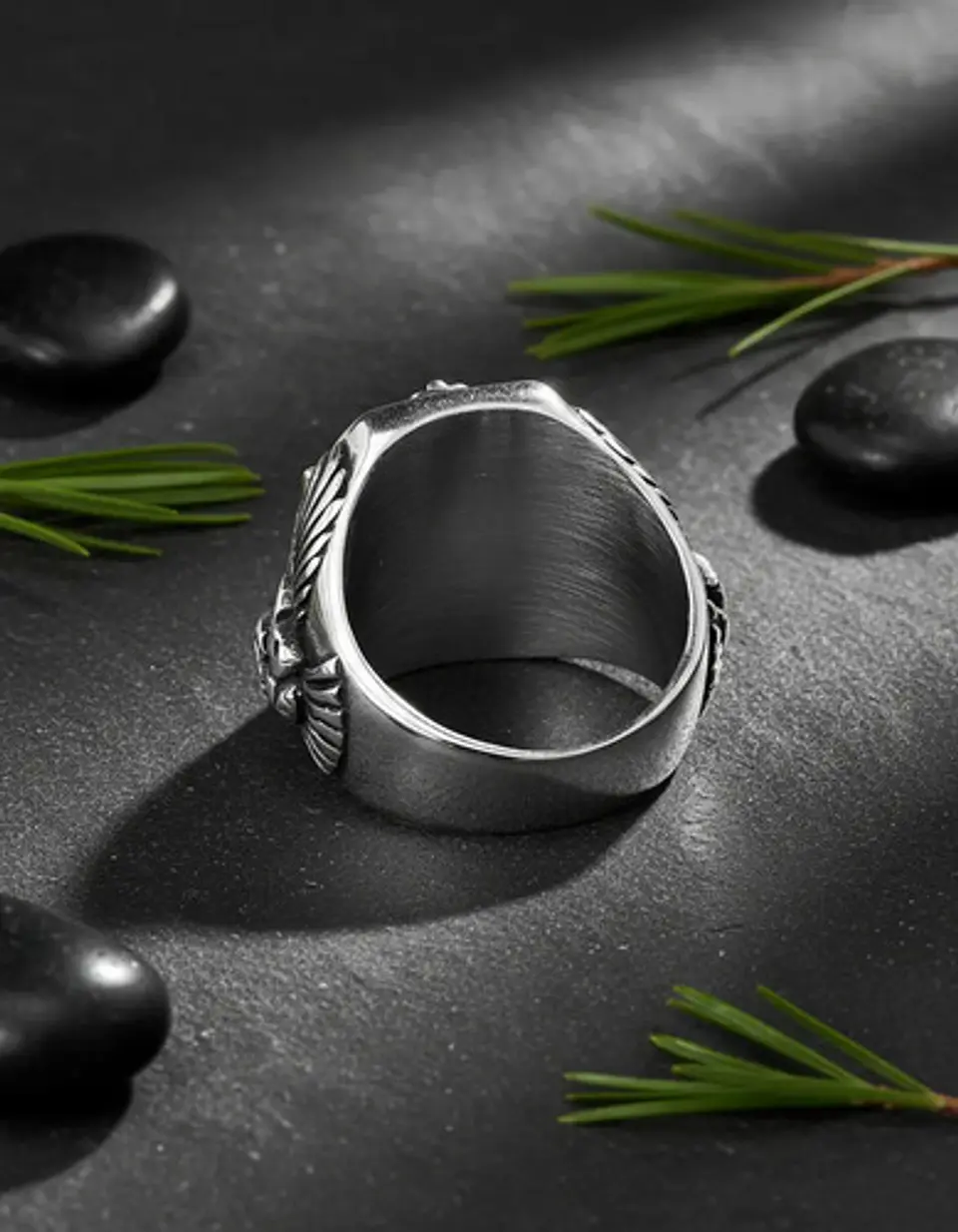 Anillo Acero Piedra Buho Craneo Rustico Color Plata Hombre 6
