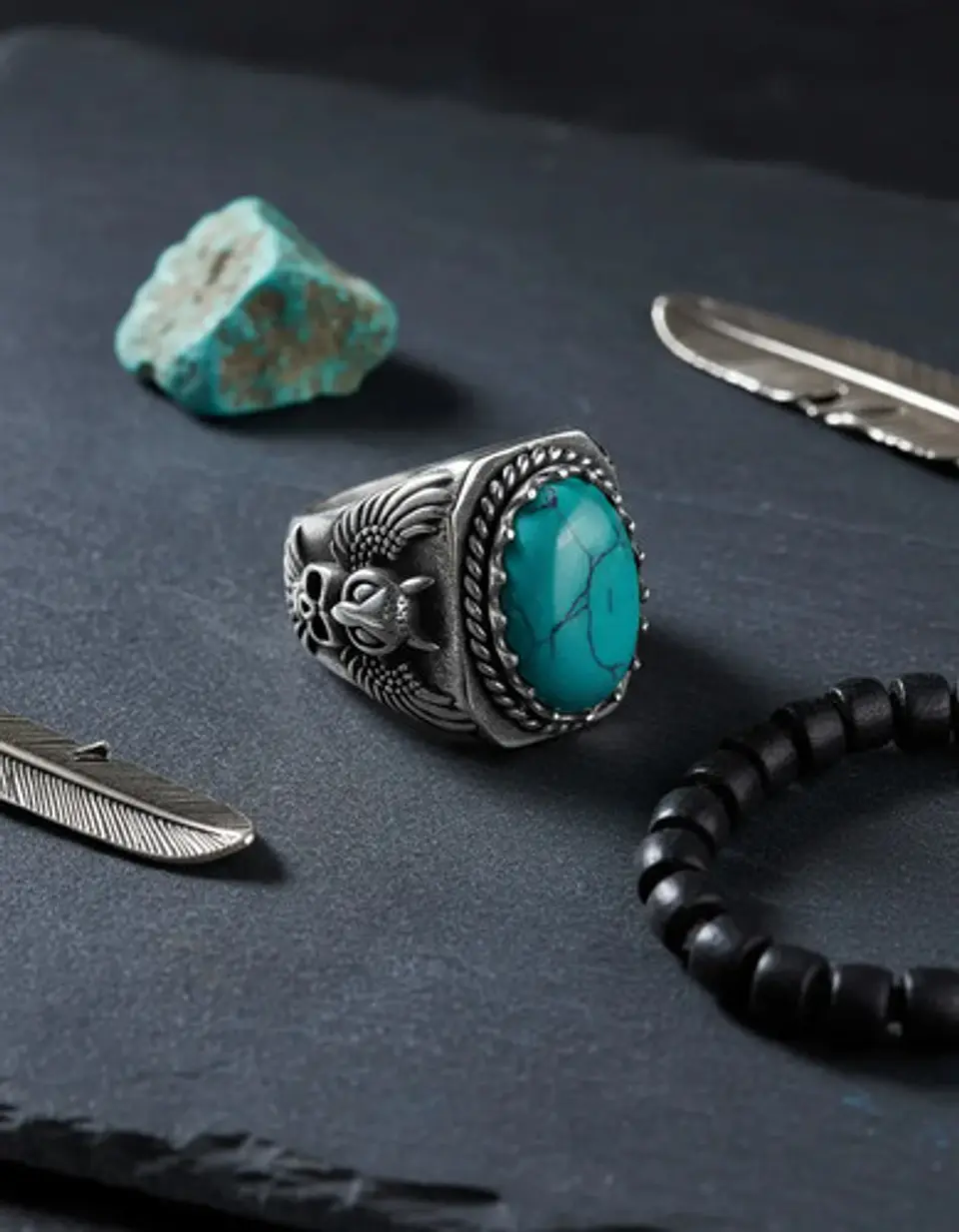 Anillo Acero Piedra Buho Craneo Rustico Color Plata Hombre 7