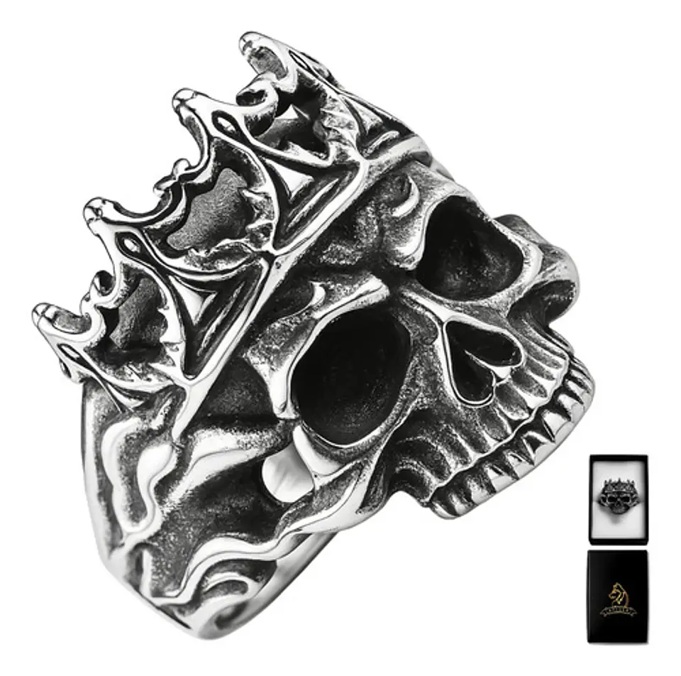 Anillo Rey Calavera Cráneo Skull Color Plata De Acero Hombre 1