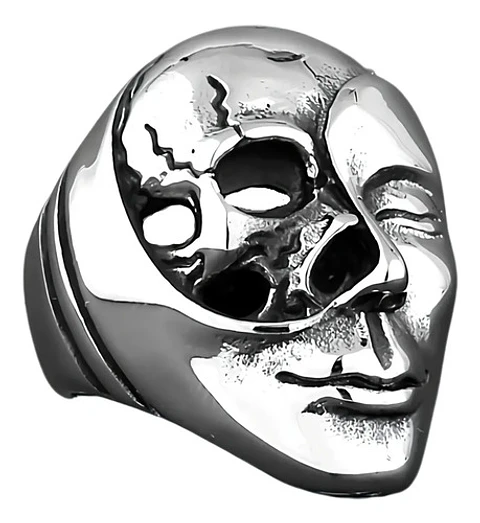 Anillo Rostro Cielo Y Infierno Acero Color Plata Para Hombre