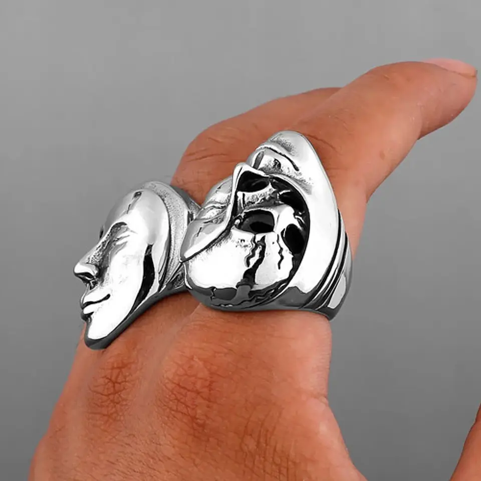 Anillo Rostro Cielo Y Infierno Acero Color Plata Para Hombre 3