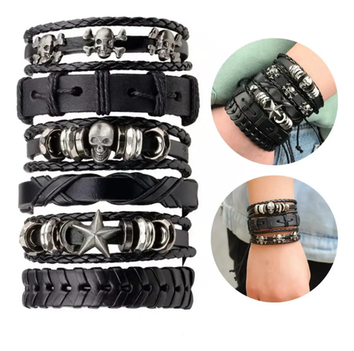 Pulsera Manillas Brazalete Cuero Genuino Skull Biker Hombre 1