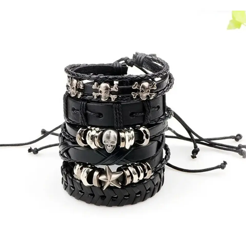 Pulsera Manillas Brazalete Cuero Genuino Skull Biker Hombre 3