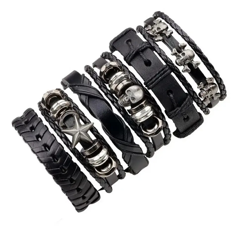 Pulsera Manillas Brazalete Cuero Genuino Skull Biker Hombre 5