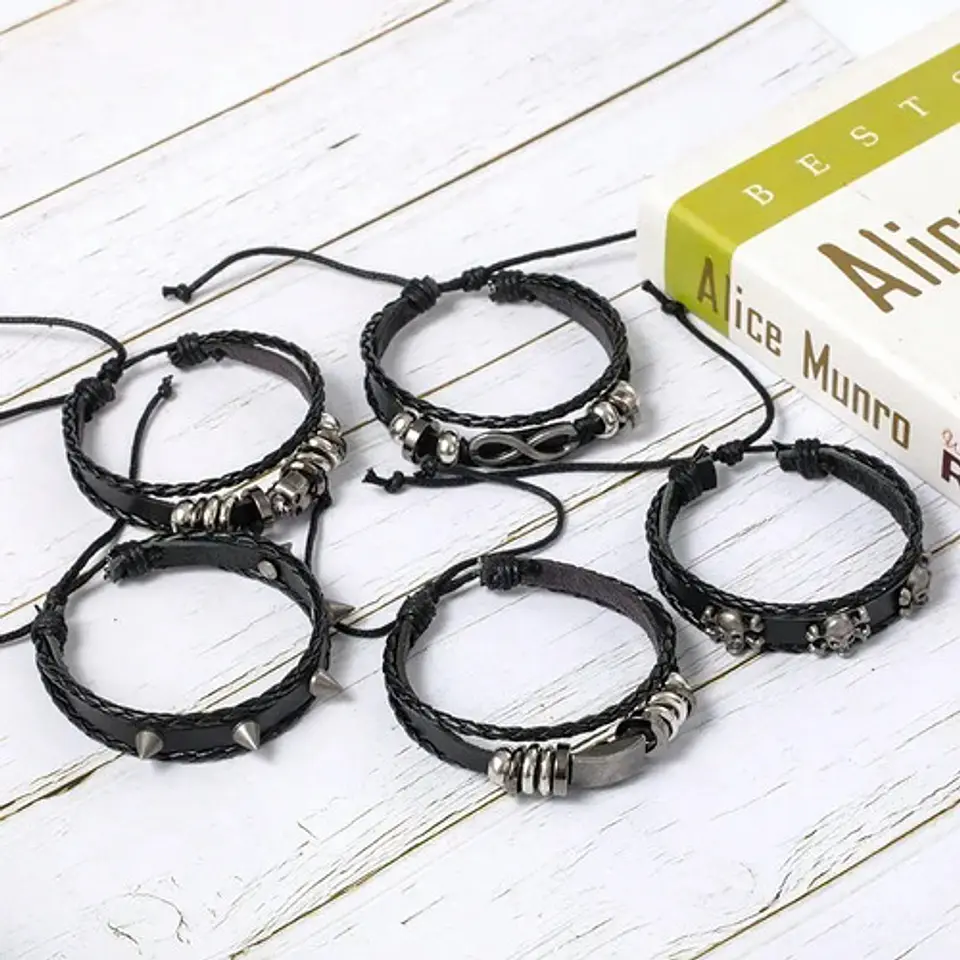 Pulsera Manillas Brazalete Cuero Genuino Skull Biker Hombre 12