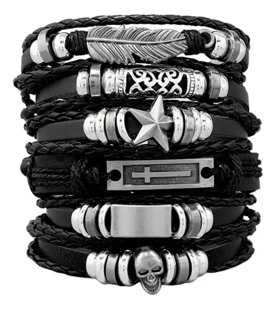 Pulsera Manillas Brazalete Cuero Genuino Skull Biker Hombre 14