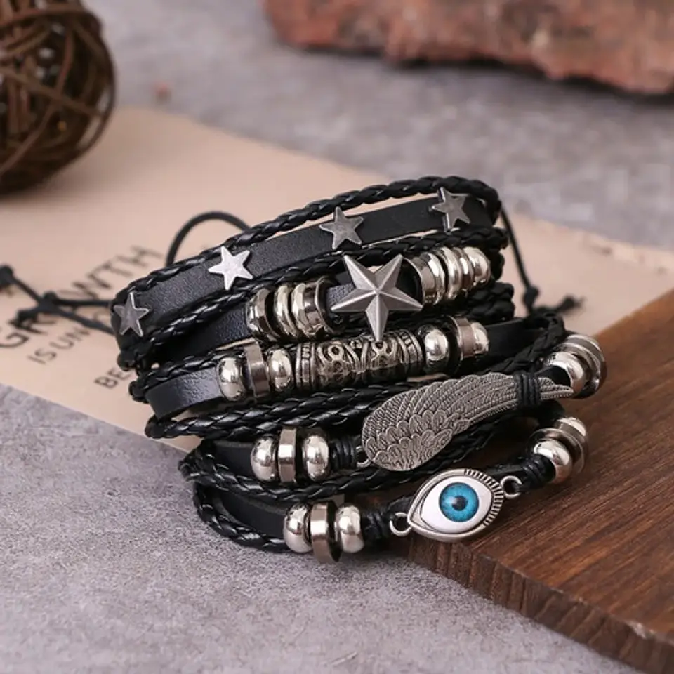 Pulsera Manillas Brazalete Cuero Genuino Skull Biker Hombre 26
