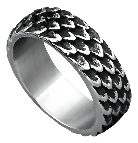 Anillo Argolla Escamas Dragon Color Plata De Acero Hombre