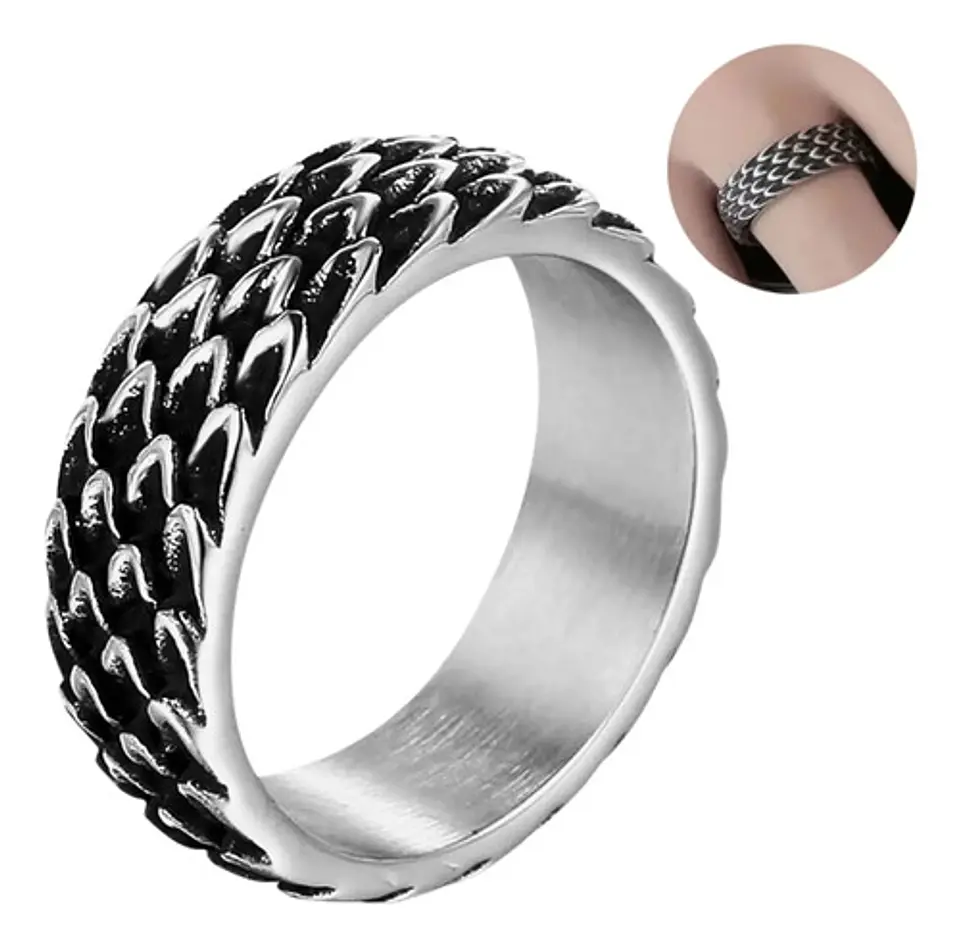 Anillo Argolla Escamas Dragon Color Plata De Acero Hombre 2