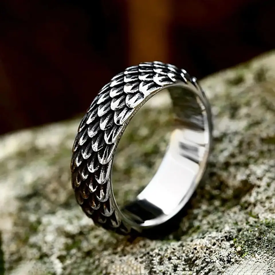 Anillo Argolla Escamas Dragon Color Plata De Acero Hombre 4