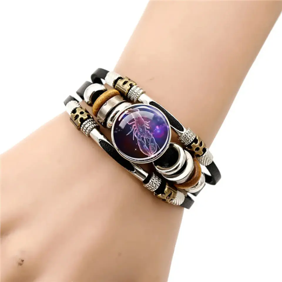 Pulsera Manilla De Cuero Signo Zodiaco Zodiacal Hombre Mujer 17