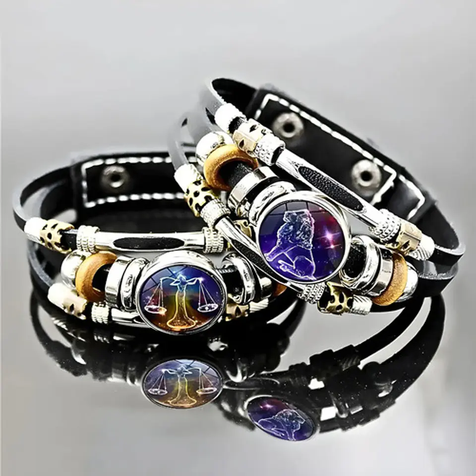 Pulsera Manilla De Cuero Signo Zodiaco Zodiacal Hombre Mujer 24