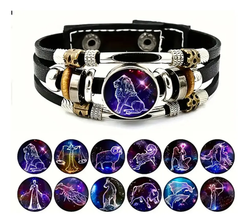 Pulsera Manilla De Cuero Signo Zodiaco Zodiacal Hombre Mujer 42