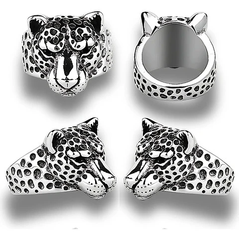 Anillo Cabeza Leopardo Animal Color Plata De Acero Hombre