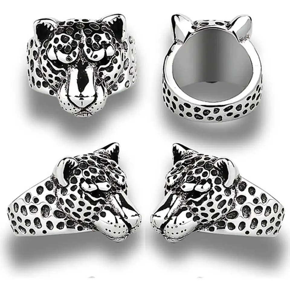 Anillo Cabeza Leopardo Animal Color Plata De Acero Hombre 2