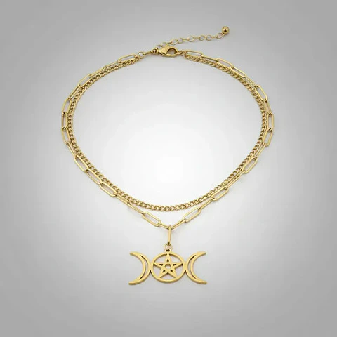 Collar En Acero Para Mujer Dije Luna Diosa Wicca Pentagrama