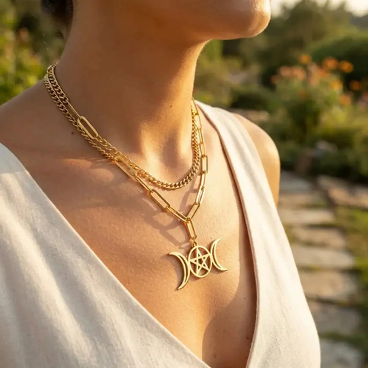 Collar En Acero Para Mujer Dije Luna Diosa Wicca Pentagrama 3