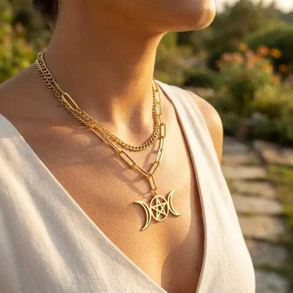 Collar En Acero Para Mujer Dije Luna Diosa Wicca Pentagrama 3