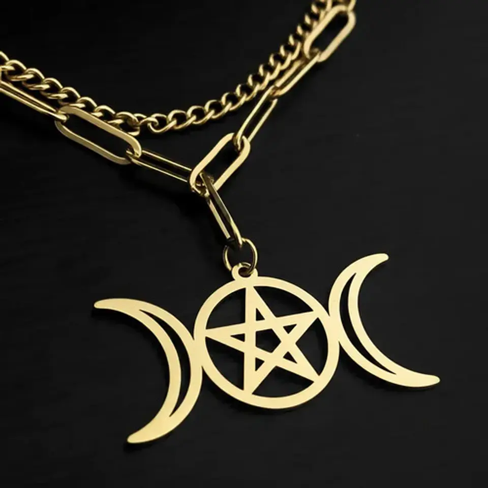 Collar En Acero Para Mujer Dije Luna Diosa Wicca Pentagrama 6