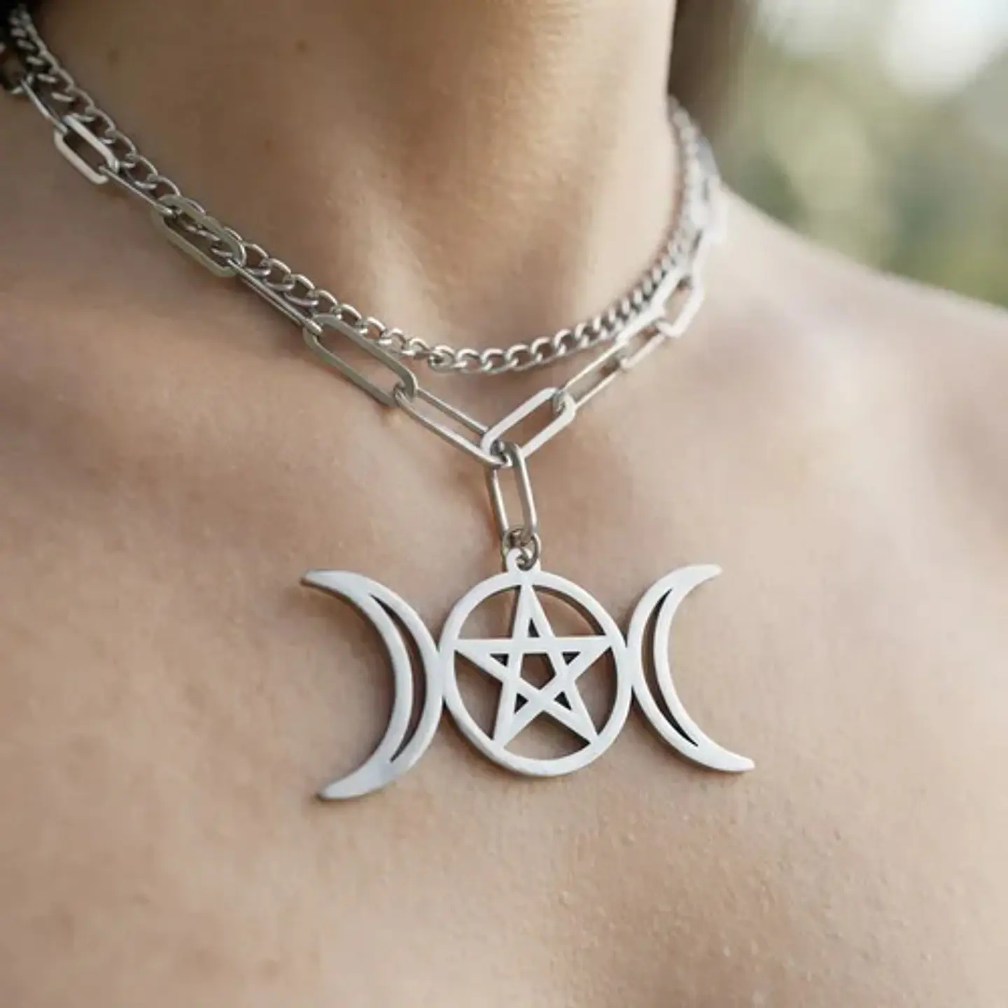 Collar En Acero Para Mujer Dije Luna Diosa Wicca Pentagrama 13
