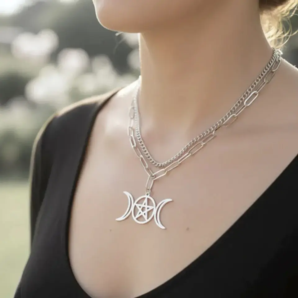 Collar En Acero Para Mujer Dije Luna Diosa Wicca Pentagrama 14