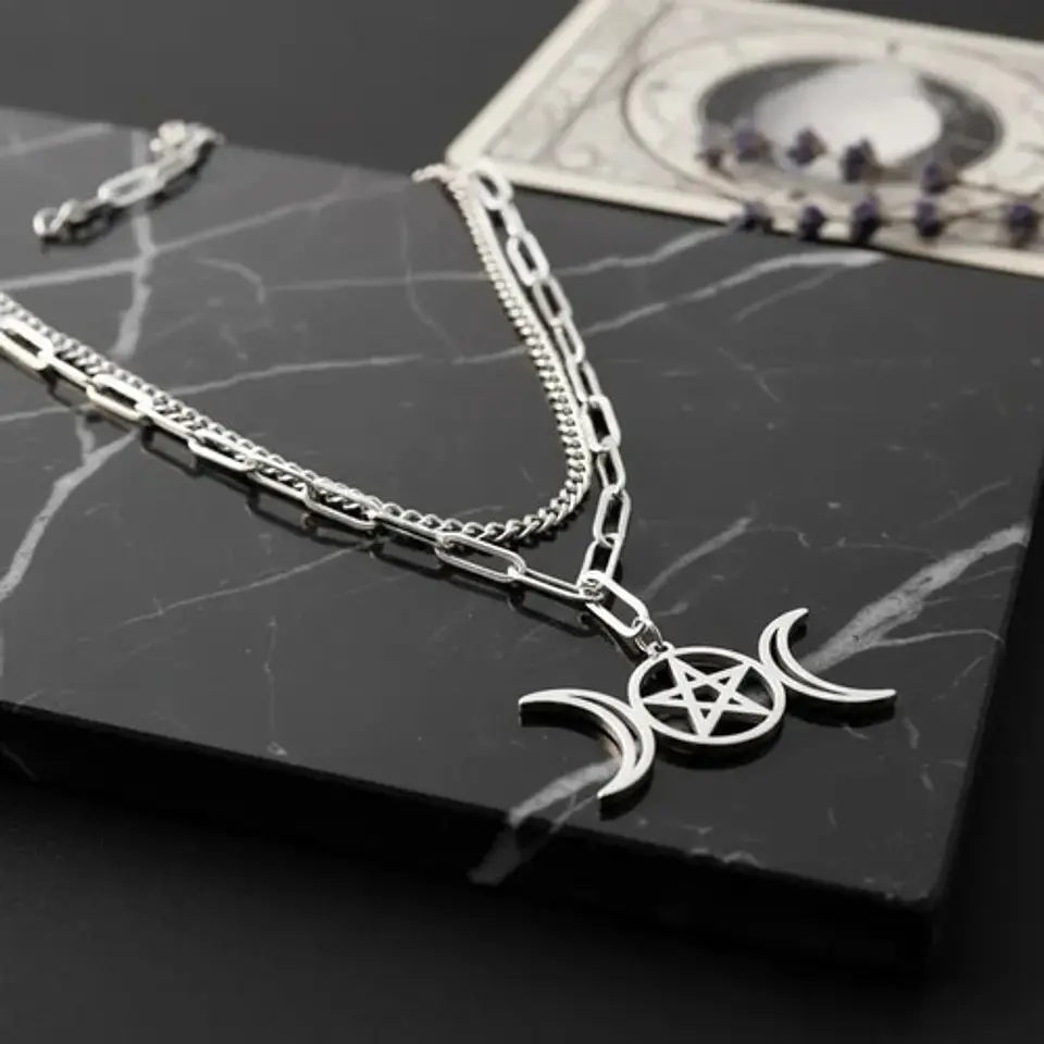 Collar En Acero Para Mujer Dije Luna Diosa Wicca Pentagrama 15