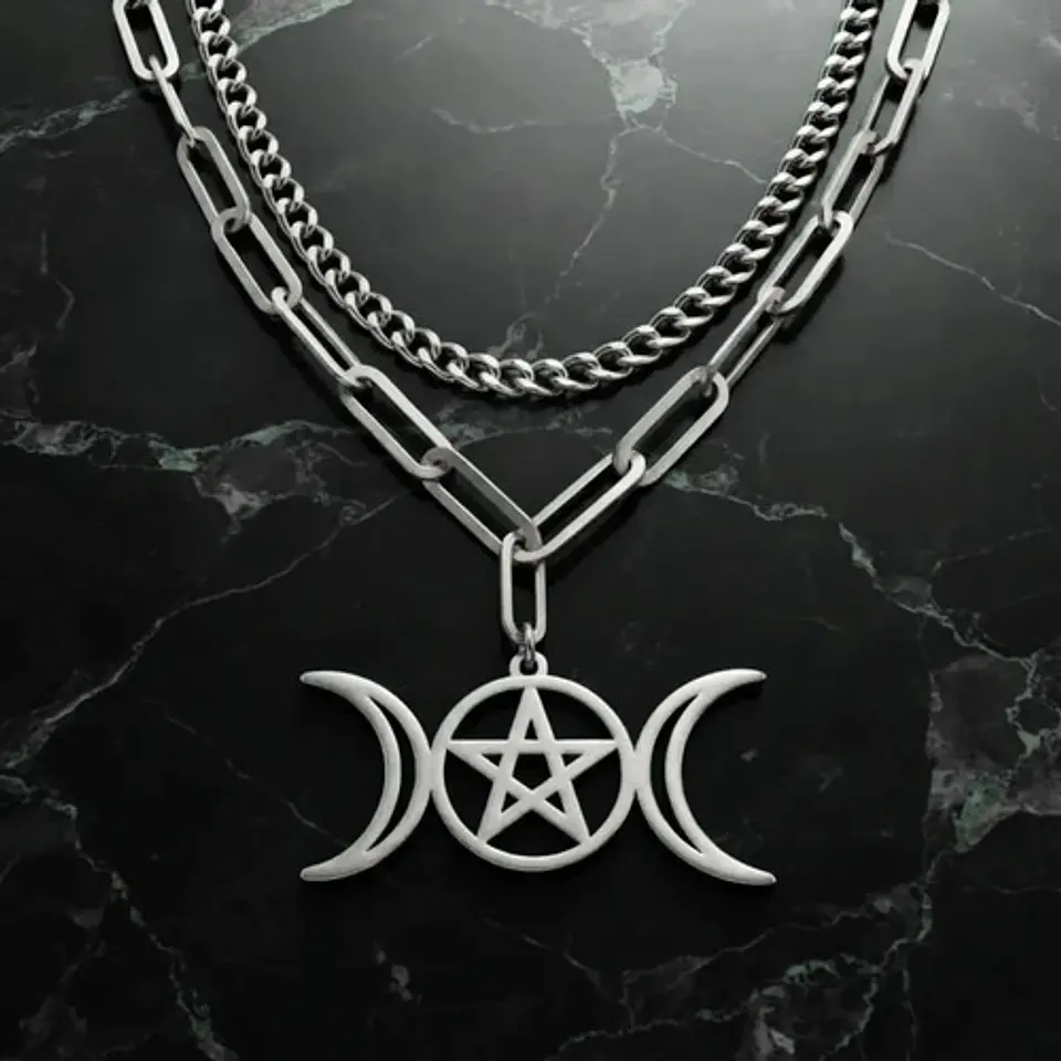 Collar En Acero Para Mujer Dije Luna Diosa Wicca Pentagrama 16