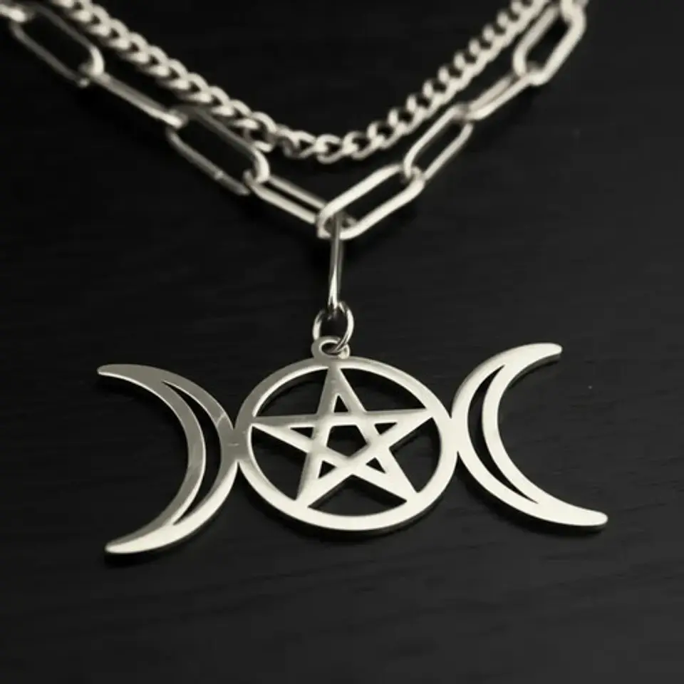Collar En Acero Para Mujer Dije Luna Diosa Wicca Pentagrama 18