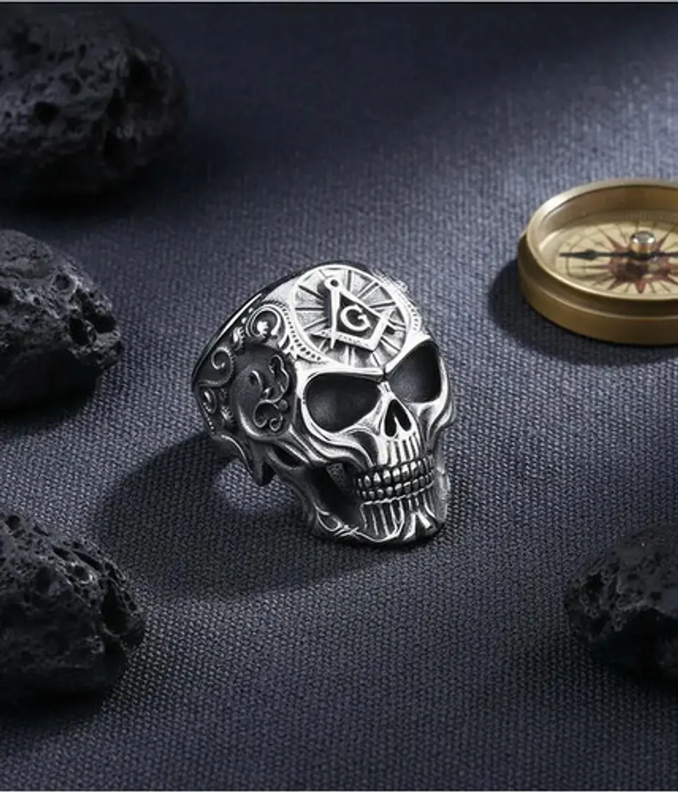 Anillo Para Hombres Forma De Cráneo Calavera Mason De Acero 6